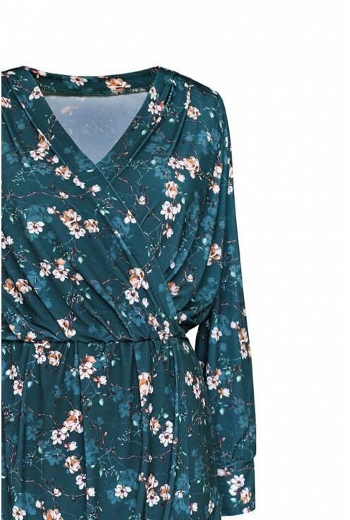 Ciemnozielona ołówkowa sukienka - wzór w kwiaty - Cilia