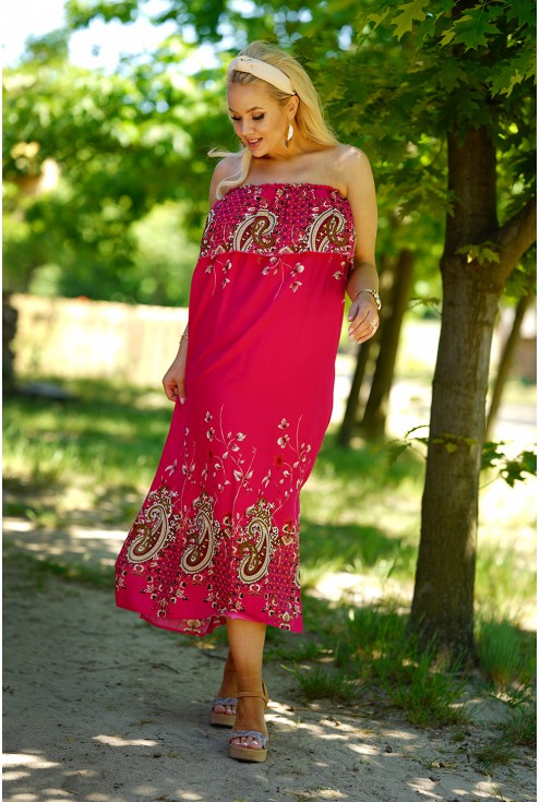 Amarantowa sukienka hiszpanka z wzorem