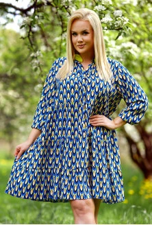 Chabrowo-limonkowa sukienka w geometryczny wzór z falbanami - Renne