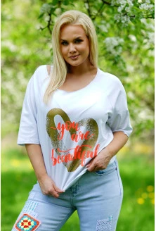 Biała bluzka oversize wzór złote serce z pomarańczowym napisem - Denvi