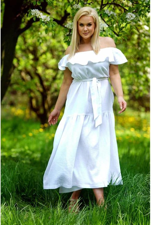 Biała sukienka z falbaną i wiązaniem w kratkę - Malti
