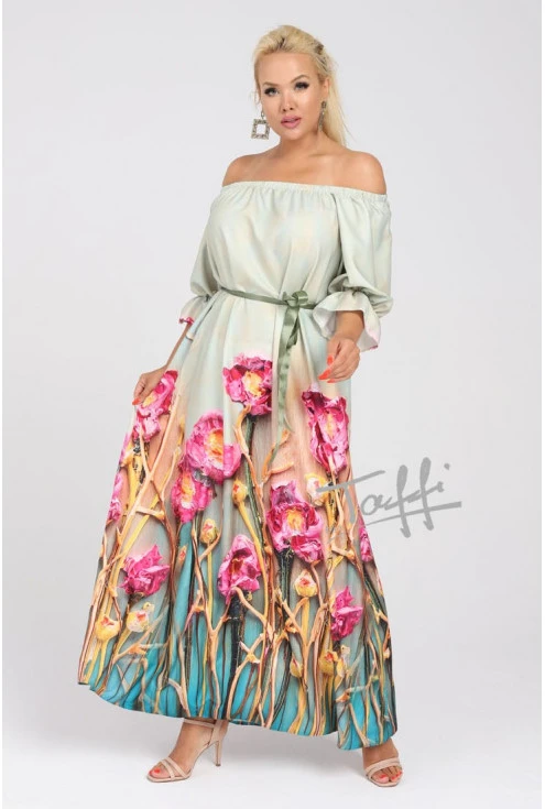 Jasnozielona sukienka maxi z kwiatowym dołem