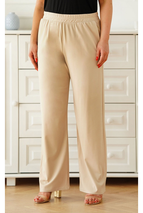 Jasnobeżowe spodnie z szeroką nogawką z gumką w pasie - Santori