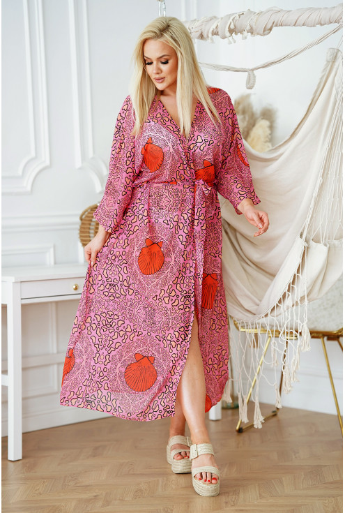 Różowy szyfonowy szlafrok damski z modnym wzorem - Linde