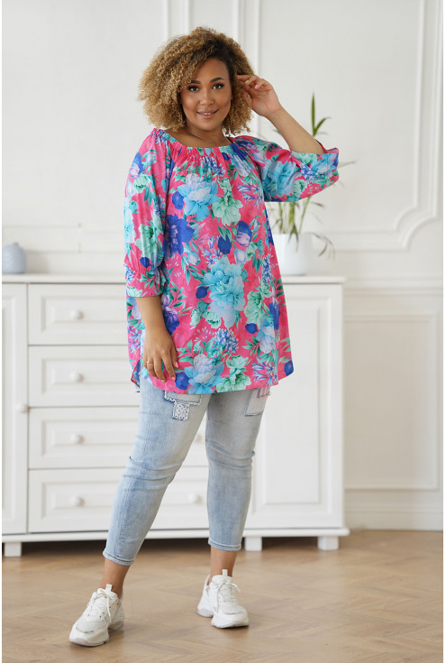 Wygodna damska bluzka w różowo kwiaty wzór w sklepie XL-ka.pl