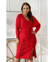 Czerwona sukienka z kopertowym dekoltem z prążkiem - Alines