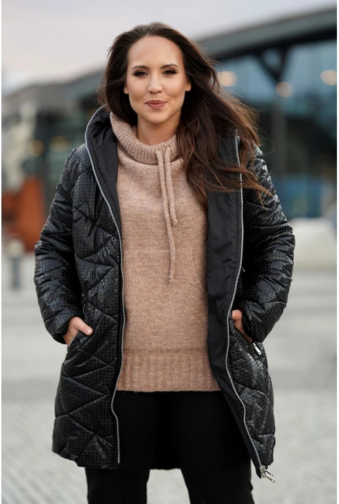 Czarna długa zimowa kurtka pikowana z błyszczącym wzorem w pepitkę - Elenis