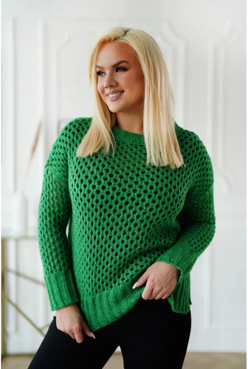 Zielony ażurowy sweter damski plus size