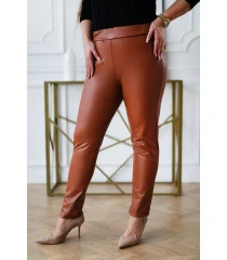Karmelowe ocieplane spodnie z eco skóry z imitacją kieszeni - Beatrise