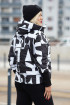 Czarna zimowa krótka kurtka z białym wzorem i materiałowymi mankietami  - Nora