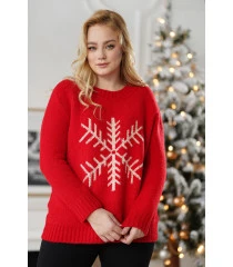 Czerwony ciepły sweter z kremowym wzorem - Śnieżynka