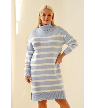 Błękitno-biały długi sweterek z golfem - wzór w poziome białe paski - Violette