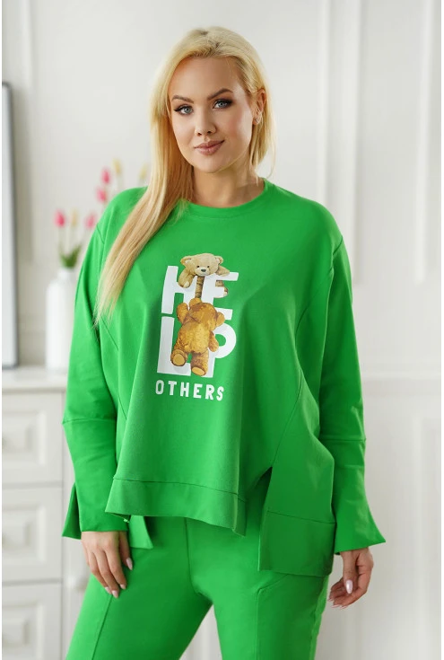 Zielony neonowy komplet dresowy plus size z nadrukiem na bluzie- Teddy