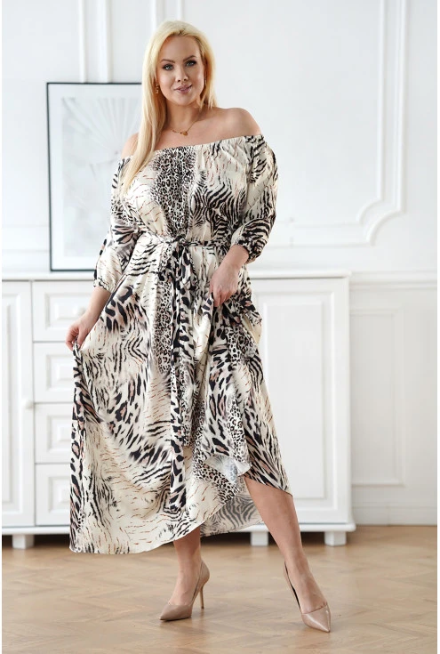 Kremowo-beżowa sukienka hiszpanka maxi - w zwierzęcy wzór - Tasya