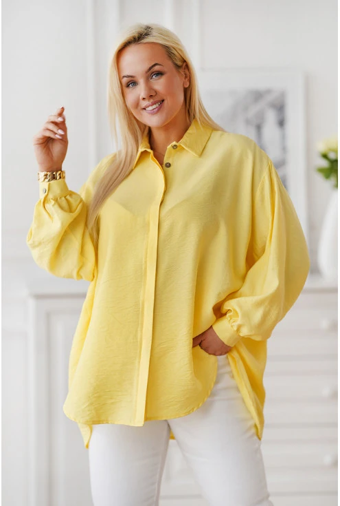 Żółta koszula oversize len - wiskoza z ukrytymi guzikami - Monice