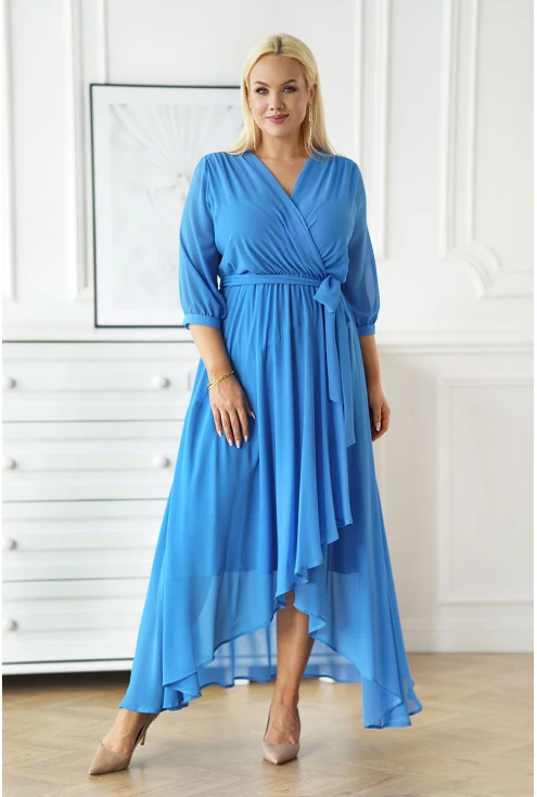 Niebieska szyfonowa sukienka maxi z kopertowym dekoltem i asymetrycznym dołem - Eloise