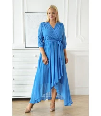 Niebieska szyfonowa sukienka maxi z kopertowym dekoltem i asymetrycznym dołem - Eloise PREMIUM