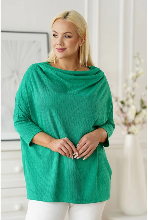 Luźny zielony sweterek z wytłaczanym wzorem i z rękawkiem 3/4 - Clarissa