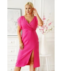 Elegancka metalizowana różowa sukienka z tiulowymi rękawami - Nicolla