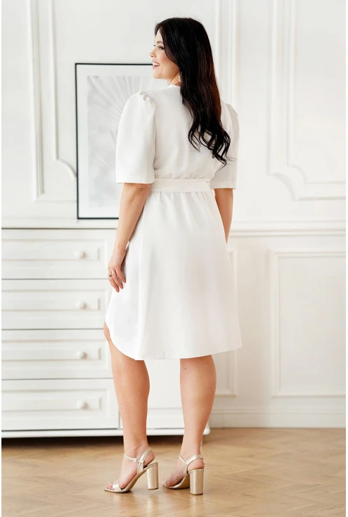 Biała asymetryczna sukienka z kopertowym dekoltem i bufkami - Stella