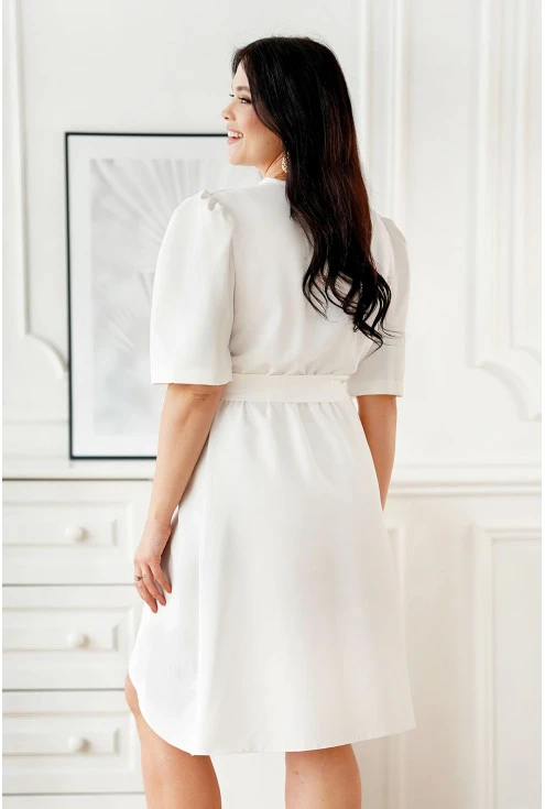 Biała asymetryczna sukienka z kopertowym dekoltem i bufkami - Stella