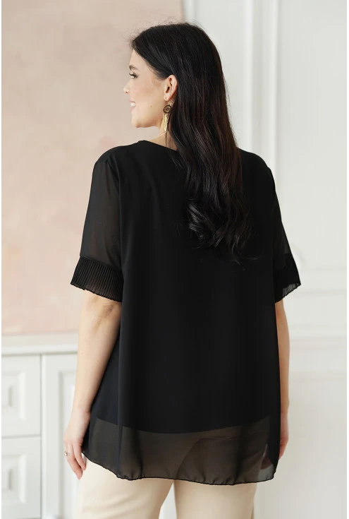 czarna szyfonowa bluzka damska z krótkim rękawem - duże rozmiary