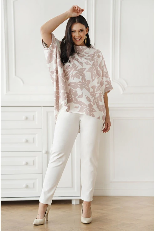 Biała bluzka z beżowym kwiatowym wzorem XXL