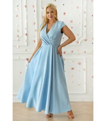 Błękitna sukienka rozkloszowana maxi z kopertowym dekoltem - Mirande