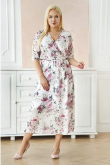 Kremowa sukienka maxi w pastelowe róże z kopertowym dekoltem - Adelise