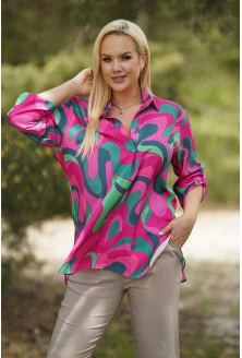 Różowo-zielona tuniko - koszula w modny wzór z rękawem 3/4 - Susanny