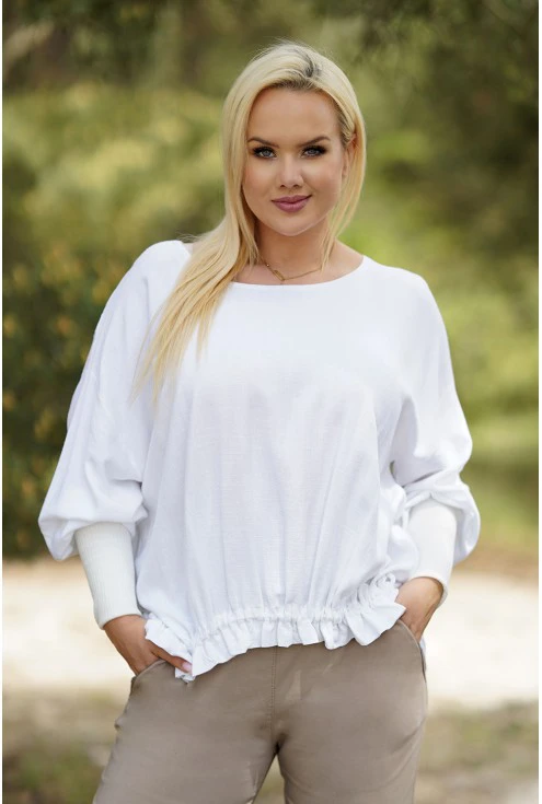 Kremowo-biała lniana bluzka oversize z marszczeniem materiału z przodu i rękawami ze ściągaczem - Jennette