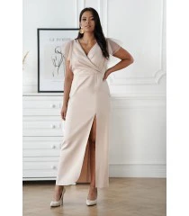 Elegancka metalizowana sukienka maxi z tiulowymi rękawami w kolorze szampańskim - Nicolla MAXI