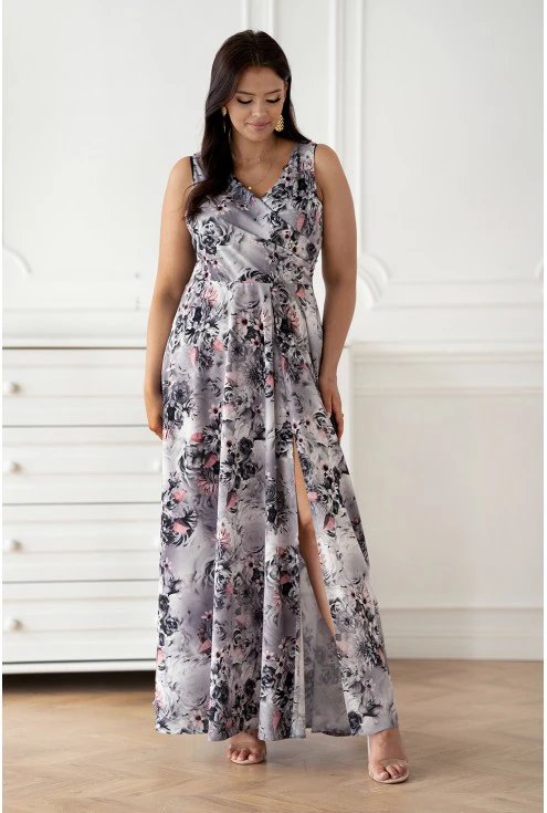 Szara sukienka maxi w roślinny print z rozcięciem na przodzie- Dellie