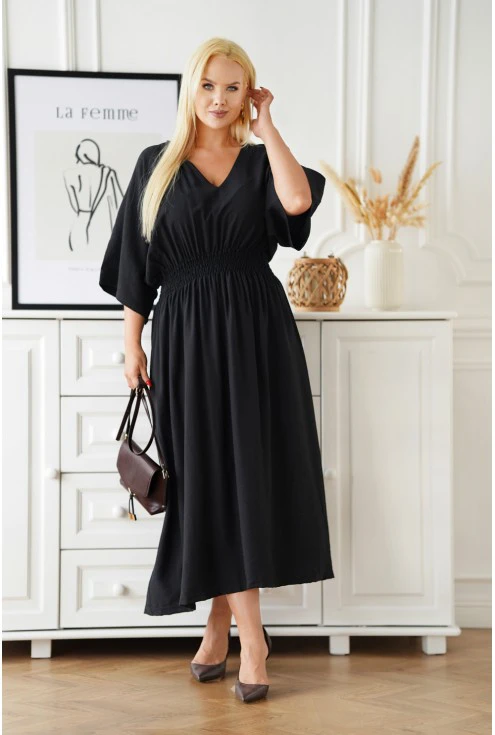 Czarna lniana sukienka maxi z dekoltem V i gumką w pasie oraz z szerokimi rękawkami - Bossi - LEN 100%