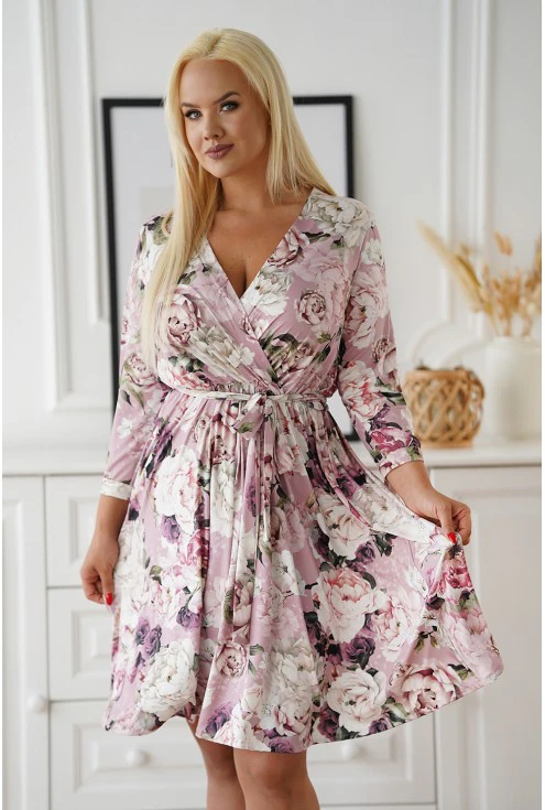 Brudno-różowa sukienka z wiązaniem przy rękawach - wzór w kwiaty - Agathe
