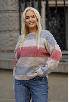 Sweter w beżowo-szaro-różowe paski - Avis