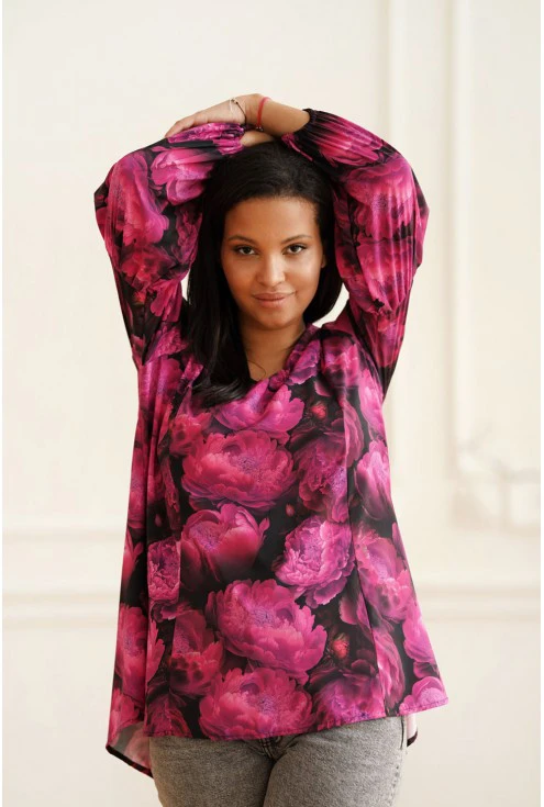 Bluzka plus size Amara w różowe kwiaty - XL-ka - Monasou