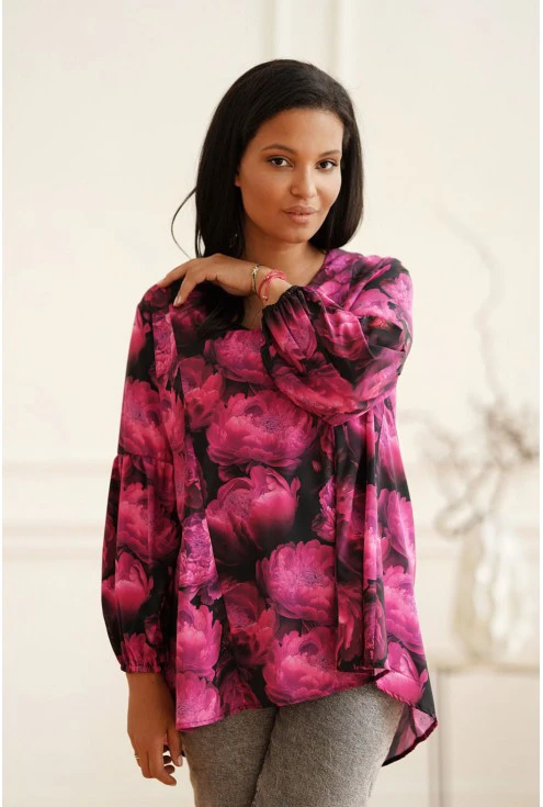 Elegancka kobieca bluzka w różowe kwiaty plus size - Amara - XL-ka - Monasou