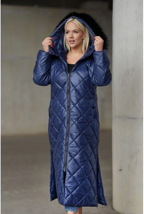 granatowy pikowany płaszcz Lissa długi płaszcz plus size XL-ka Monasou