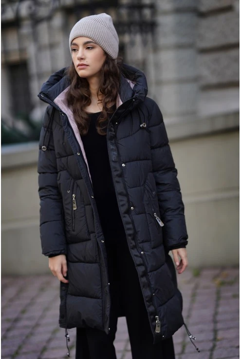 czarna dłuższa kurtka zimowa stylowe okrycie wierzchnie - xl-ka monasou
