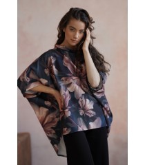 Turkusowa bluzka kimono w pudrowe kwiaty - Mariette