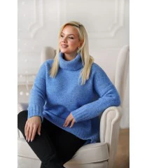 Niebieski ciepły sweter-tunika z golfem ze ściągaczem - LESCA