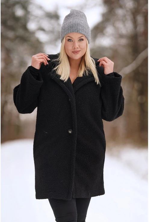 Czarny pikowany płaszcz z bukli plus size Monasou