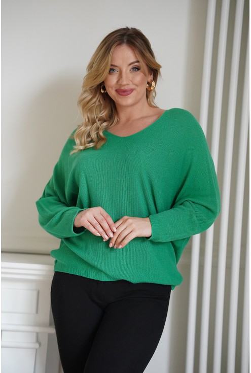 Zielony sweterek o kroju nietoperza z przeszyciem damski rozmiary plus size