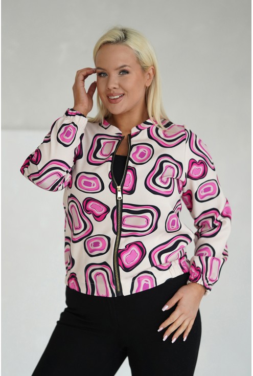 lekka bluza plus size o kroju bomberki beżowa calina w czarno-różowy wzór monasou