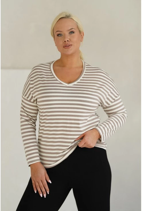 Bluzka w beżowo-kremowe paski plus size xxl Monasou