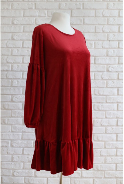Czerwona welurowa sukienka z bufiastym rękawem xxl