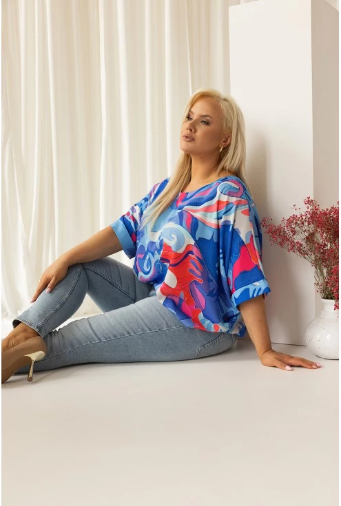 Niebiesko-różowa tunika z wycięciem na plecach moda damska plus size