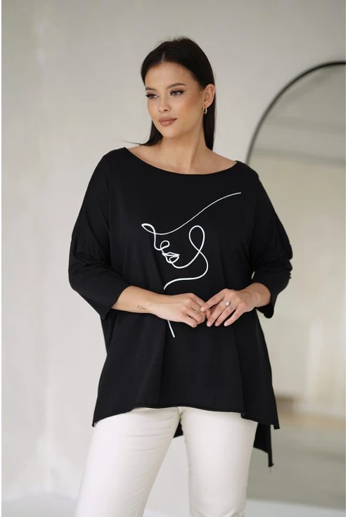 Czarna tunika oversize z białym nadrukiem twarzy plus size monasou