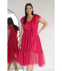 Malinowa sukienka z falbankami z siateczką - ROSALINE
